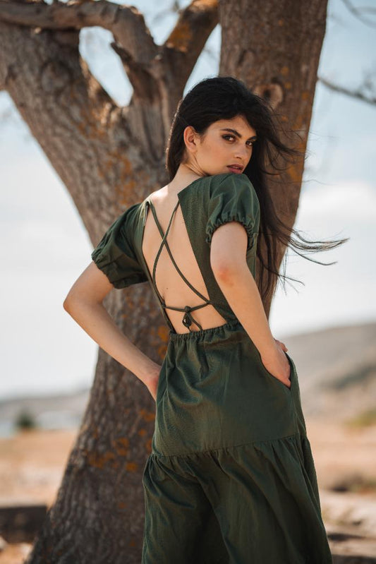 hawe Linen open back long dress military green